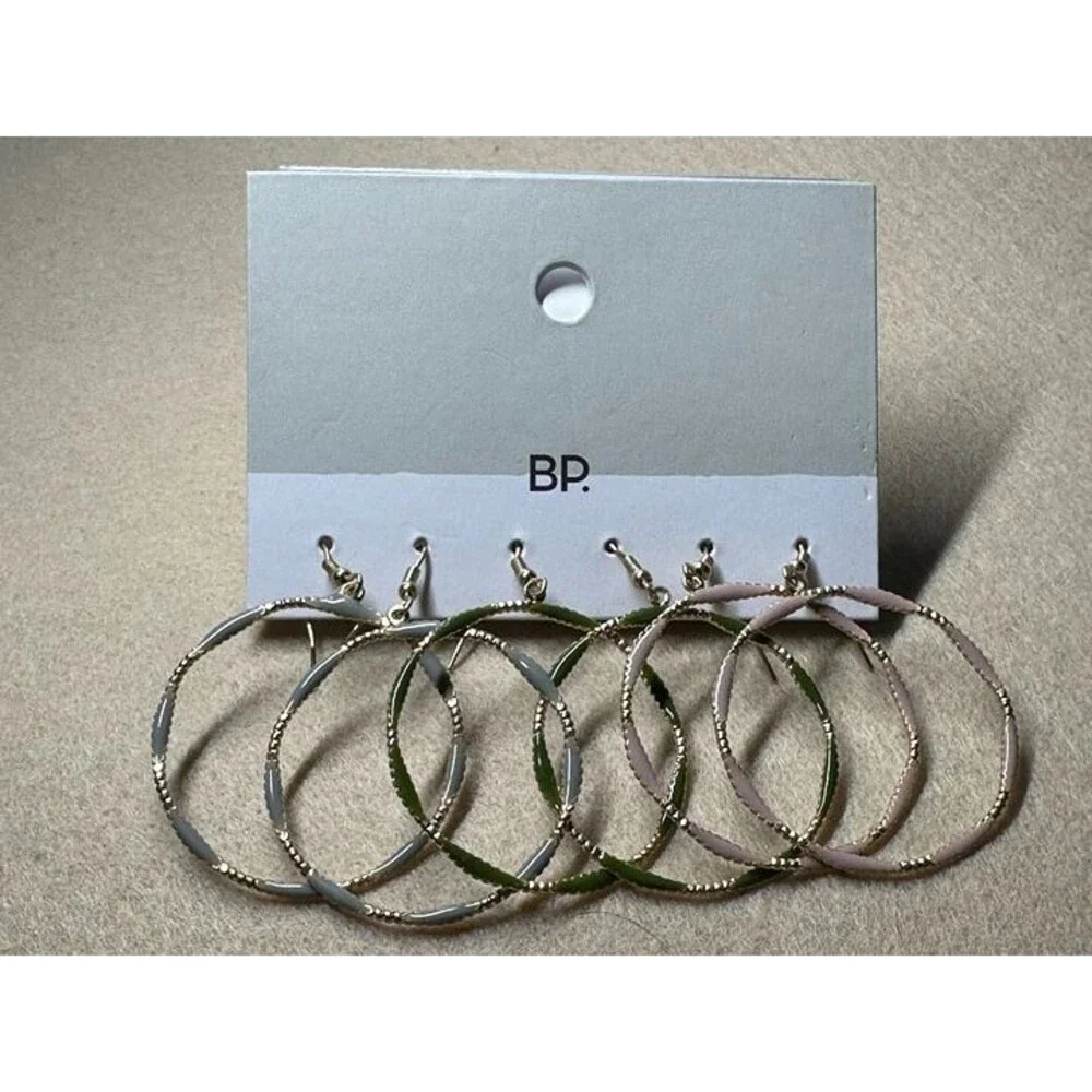 BP. 3-Pair Enamel Hoop Earrings Set Gray Green Pink Gold Tone NWT New Boho